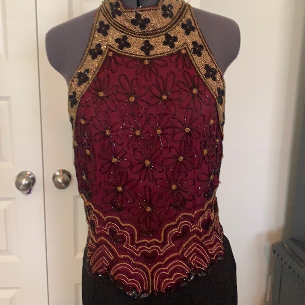 Formal Maroon & Gold Beaded Halter Top Small